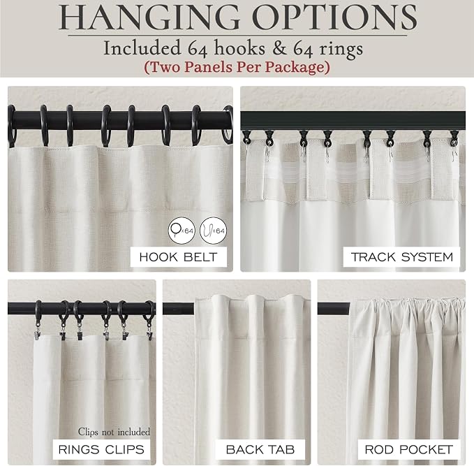 QJmydeco Curtains 100 Inch Length Wide Pleated Blackout Curtain for Sliding Glass Door/Living Room, Farmhouse Birch Linen Thick Boho Bedroom Heavy Insulated Large Window Drapes (100" Wx90 Lx2Panels)