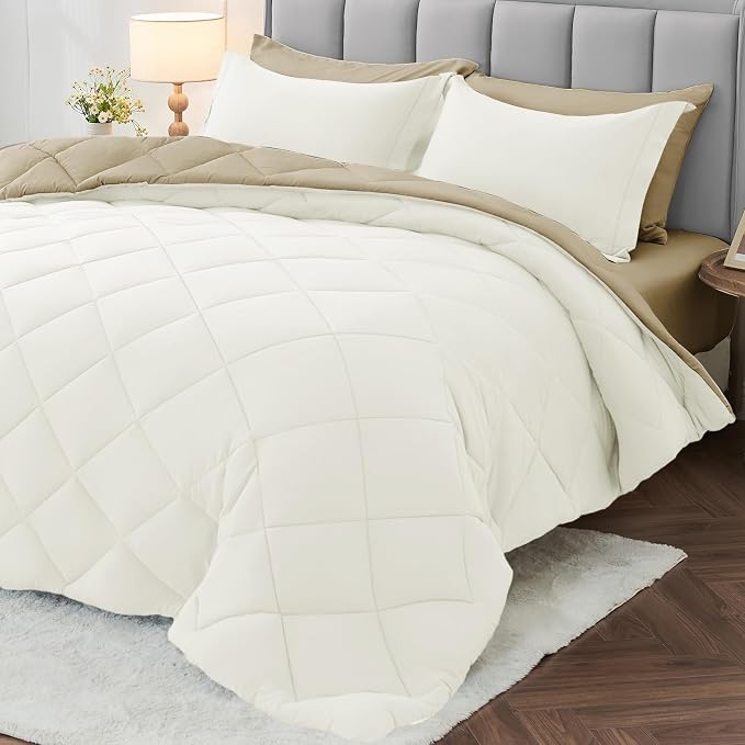 7 Pieces King Comforter Set, Reversible Bed in a Bag King Size, All Season Bedding Set with Comforter, Flat Sheet, Fitted Sheet, Pillowcases & Shams, Ivory & Khaki
