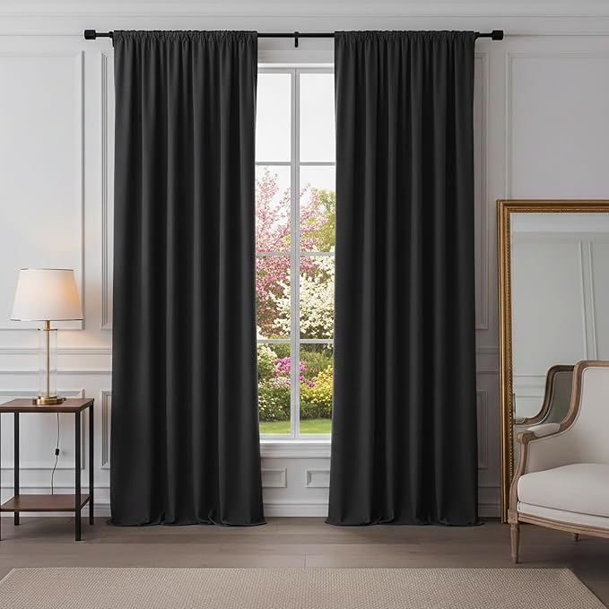 PONY DANCE Blackout Curtains for Bedroom 90 inches Long 2 Panels Set | Thermal Insulated Rod Pocket Black Out Window Drapes, Noise Reducing Window Treatment for Living Room(W52 x L90 inch, Black)