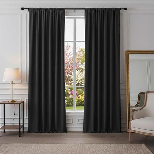 PONY DANCE Blackout Curtains for Bedroom 90 inches Long 2 Panels Set | Thermal Insulated Rod Pocket Black Out Window Drapes, Noise Reducing Window Treatment for Living Room(W52 x L90 inch, Black)