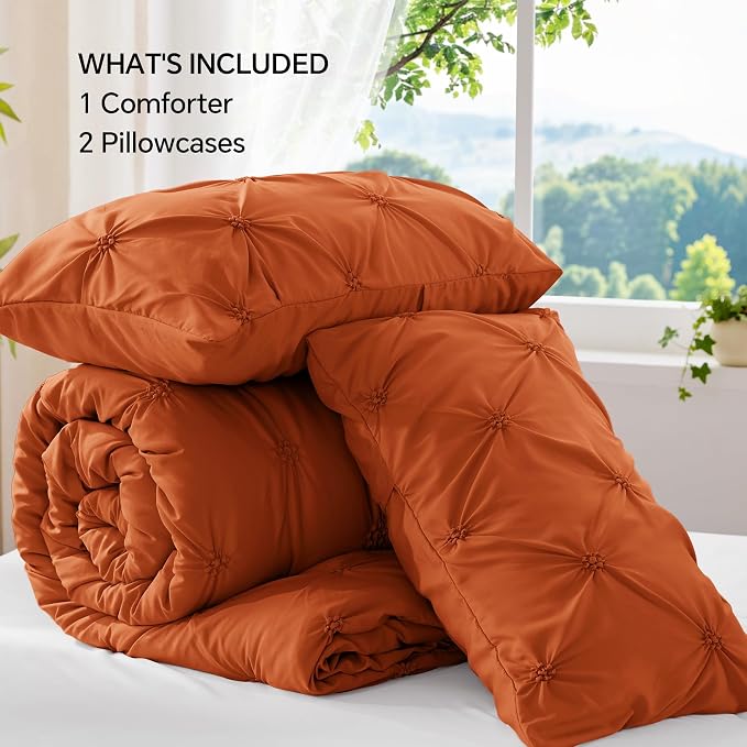 BEDELITE Queen Comforter Set Burnt Orange,Lightweight & Soft Comforter | Pintuck Boho Bedding, Warm & Cute Bed Set for All Season,With 2 Pillowcases