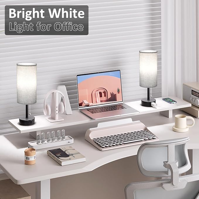 Grey Bedside Table Lamps Set of 2 - Bedroom Lamp for Desk, AC Outlet | 3CCT(3000K/4000K/5000K), LED Bulbs Included, Grey Fabric Lampshade, 14in Small Lamp for Nightstand, Guest Room, Living Room