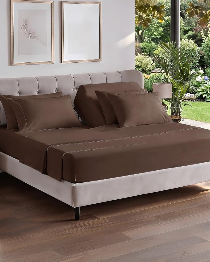 Flex Top Split Head King 6 Piece Sheet Set - Breathable & Cooling - Brown | Ultra Soft Hotel Luxury Bedding Set w/ 8-16 Inch Deep Pockets, 1 Flat & 1 Split-Head Fitted Sheet & 4 Pillowcases, Fade Free