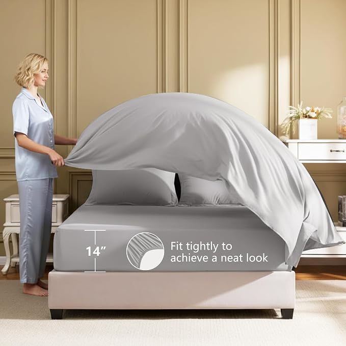HIMEET King Comforter Set, 7-Piece Point-Quilted Bed in a Bag, French Grey | OEKO-TEX Certified, Lightweight 240 GSM Comforter, Flat Sheet, 14-Inch Deep-Pocket Fitted Sheet, Pillowcases & Shams