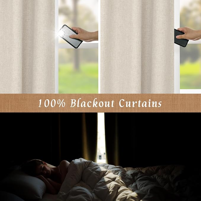100% Blackout Linen Curtains for Small Window 40 Inches 2 Panels | Oatmeal, Linen Textured, Thermal Curtains for Bedroom, Kitchen, Rod Pocket Back Tab Panels, with White Liner, 52 x 40 Inch