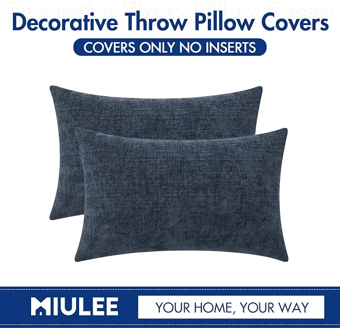 MIULEE Soft Chenille Lumbar Throw Pillow Covers Dark Navy 12x20 Pack of 2 | Modern Coastal Home Decor, Classic Decorative Pillows, Solid Dyed Cases, Boho Couch Cushion Covers for Sofa Bed Living Room