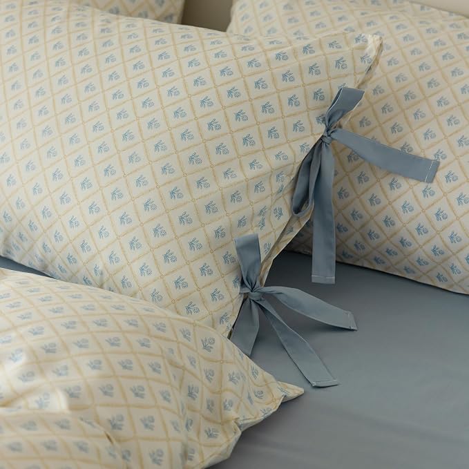 mixinni Blue Floral Duvet Cover Set Queen - 3 Piece Cottagecore Bedding Set with Bow Ties & Zipper Closure, 100% Cotton Soft Aesthetic Comforter Cover for Girls, Lightweight Breathable Country Style