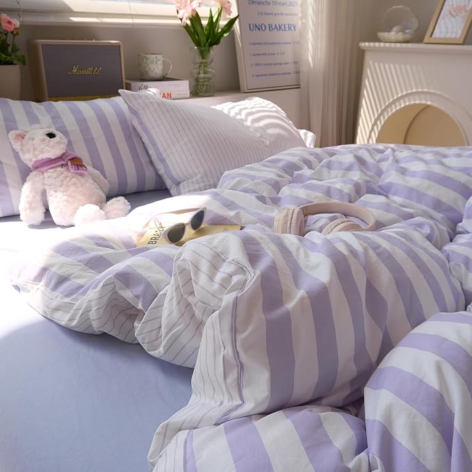 LifeTB Striped Comforter Set Queen, Vintage Purple White Stripes Pattern Printed Bedding Set, Lightweight Soft Striped Bed Comforter with 2 Pillowcases, Farmhouse 3 Piece Comforter Set for All Season
