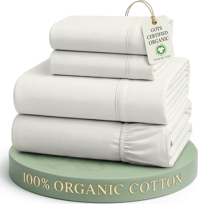 LANE LINEN Full Bed Sheet Set 100% Organic Cotton Percale - Glacier Grey | Organic Cotton Percale Full Sheet Set - Naturally Cooling & Lightweight, Cool All Summer, Cozy All Winter, Great For Gifting