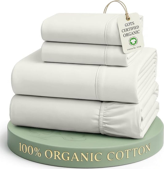 LANE LINEN Cal King Bed Sheets 100% Organic Cotton Soft 4pc - Glacier Grey | Cal King Sheet Set, 100% Organic Cotton Percale - Crisp Hotel-Style Feel, Soft From The First Wash, Crisp Cool Percale Weave