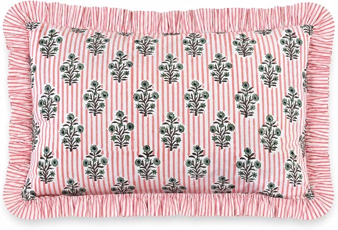 Ridhi Block Print Salmon Blossom Ruffle Lumbar Pillow Shams, 20" x 12" | 100% cotton, Floral Pillowcase, Cushion Cover, Hidden Zipper, Cottagecore Bedding, farmhouse boho style, fits couch, sofa,Bed