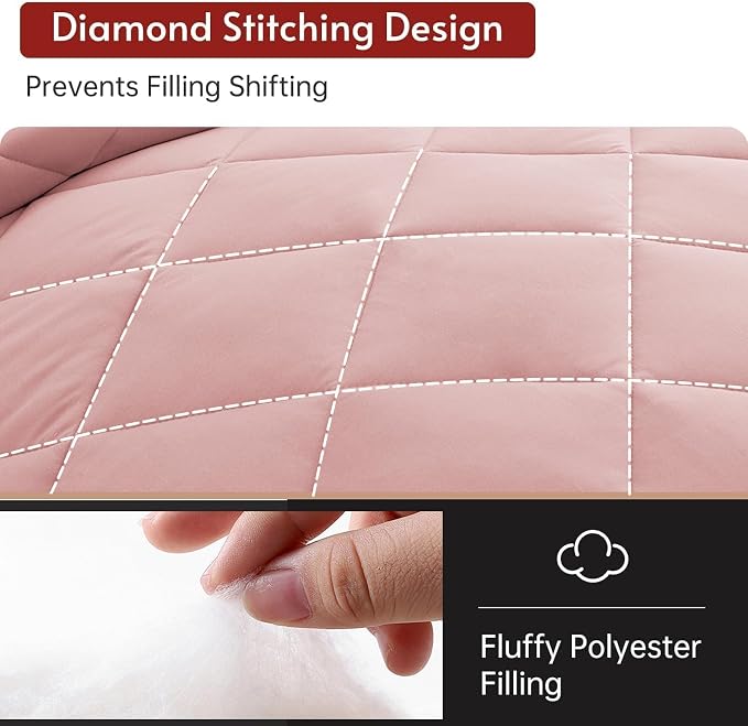 7 Pieces King Comforter Set, Reversible Bed in a Bag King Size, All Season Bedding Set with Comforter, Flat Sheet, Fitted Sheet, Pillowcases & Shams, Pink & Light Grey