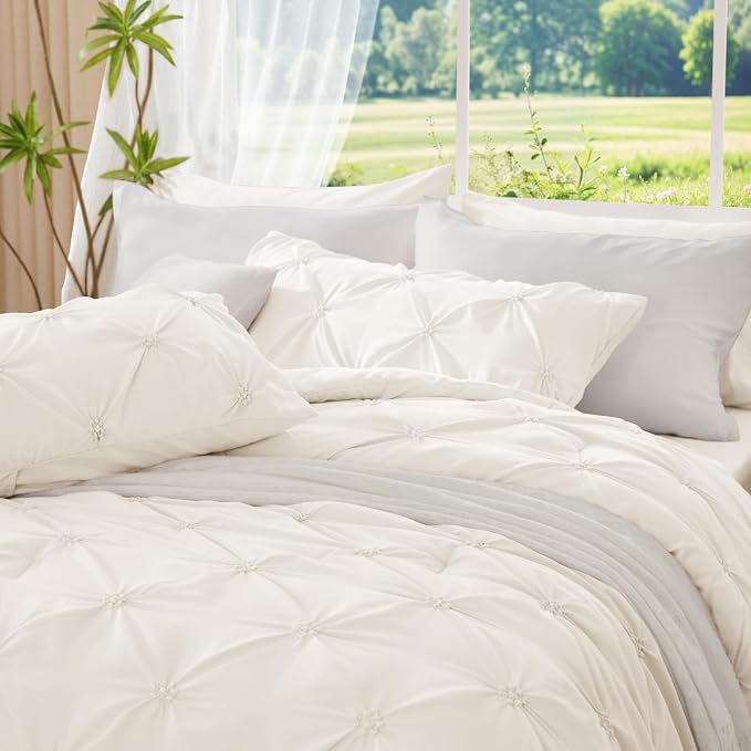 BEDELITE Queen Comforter Set Cream White,Lightweight & Soft Comforter | Pintuck Boho Bedding, Warm & Cute Bed Set for All Season,With 2 Pillowcases