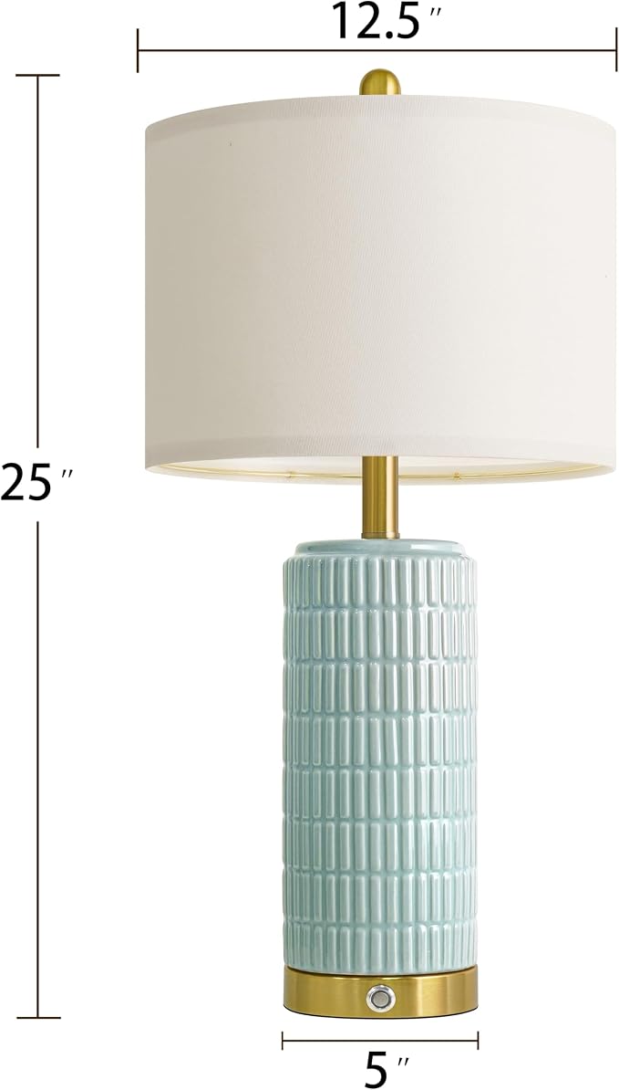 PoKat 25'' Bedside Table Lamps Set of 2 for Living Room, 3-Way Dimmable Touch Lamps for Bedroom, Modern Lamps for Nightstand with USB Ports, Coastal Blue Lamp for Office Sideboard (Bulbs Included)