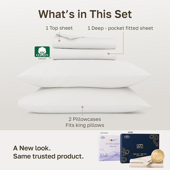 California Design Den 1000 Thread Count California King Sheets Set | Backed by Good Housekeeping Seal - 100% Cotton Sateen - Soft, Thick & Heavy, 16" Deep Pocket, All-Around Elastic, True Ivory