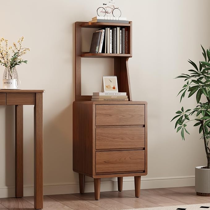 Solid Wood Bookshelf Nightstand Combo, Tall Nightstand with Bookshelf | Walnut Nightstand Bookshelf,Narrow Nightstand with Drawers,Open Shelf Bookcase,for Bedroom,Living Room,Offices