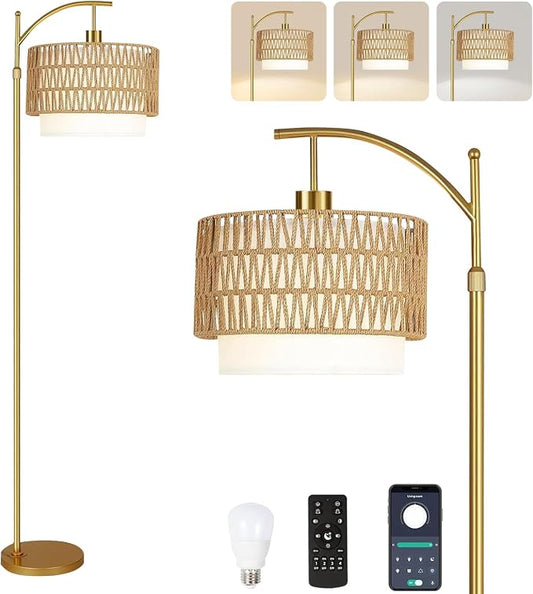 Gold Floor Lamps for Living Room Rattan Boho Floor Lamp with Remote Control & 3 Color Temperature, Dimmable Arc Floor Lamps Wicker Lamp Shades Brass Standing Lamp Tall Floor Lamp For Bedroom Corner