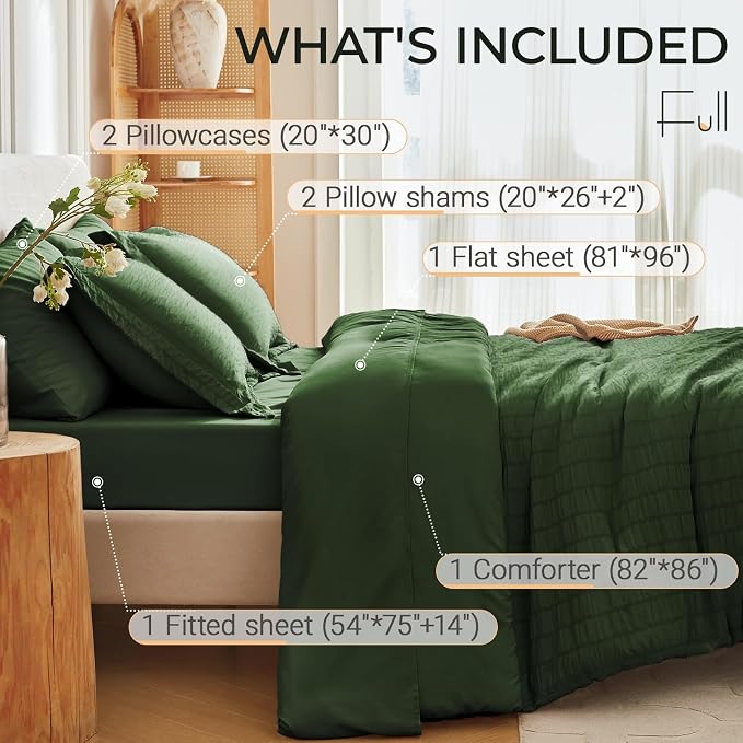 7 Pieces Full Comforter Set, Seersucker Bed in a Bag Full Size, All Season Luxury Bedding Set with Comforter, Flat Sheet, Fitted Sheet, Pillowcases & Shams, Dark Green