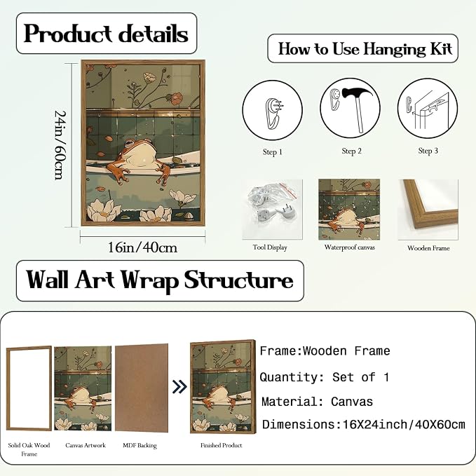 Funny Japanese Frog Bathroom Wall Art Whimsical Frog in Bathtub Wall Decor Painting Cute Animal Bathroom Poster Canvas Print Picture 16x24 inch Wood Framed