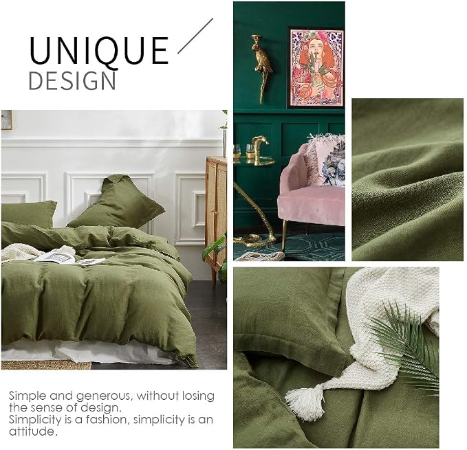 Simple&Opulence 100% Linen Duvet Cover Set 3pcs Basic Style Natural French Washed Flax Solid Color Soft Breathable Farmhouse Bedding with Button Closure - Olive Green, Full