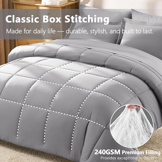 Queen Comforter Set, 7-Piece Bed in a Bag, Grey | OEKO-TEX Certified, Box-Stitched Design, 240 GSM Down Alternative Fill, All-Season Comfort, Sheets, Pillowcases & Shams