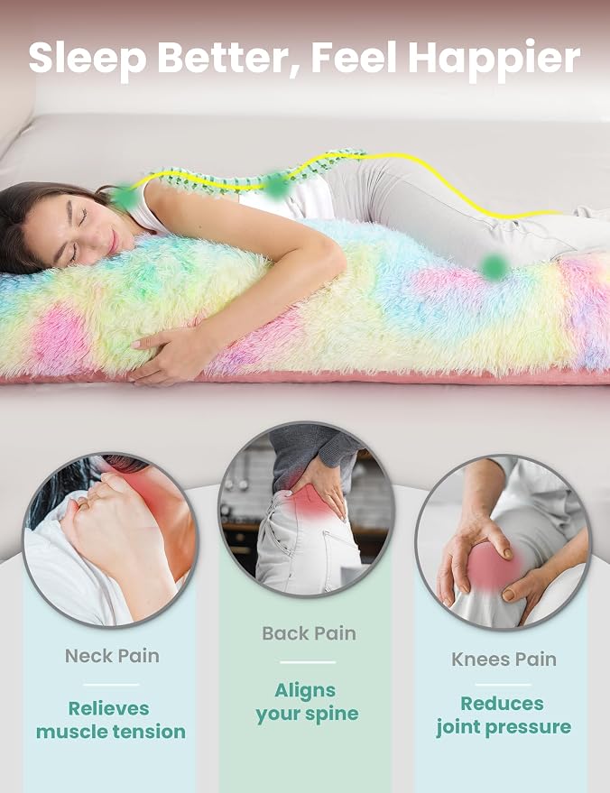 ZonLi Fluffy Body Pillow for Adults, Fuzzy Faux Fur Long Pillow with Shredded Memory Foam, Adjustable Support for Side Sleepers, Gifts, 20 x 54 Inch, Rainbow