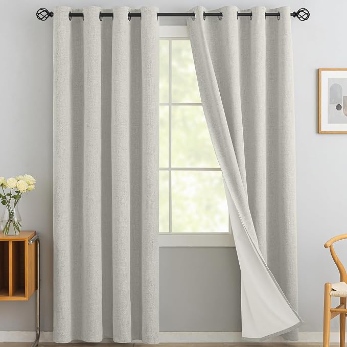 Yakamok Cream Linen Textured Curtains 90 Inches Long for Living Room | 100% Blackout Curtains,Room Darkening Curtains,Thermal Grommet Bedroom Curtain 2 Panels with Greyish White Liner,52W x 90L