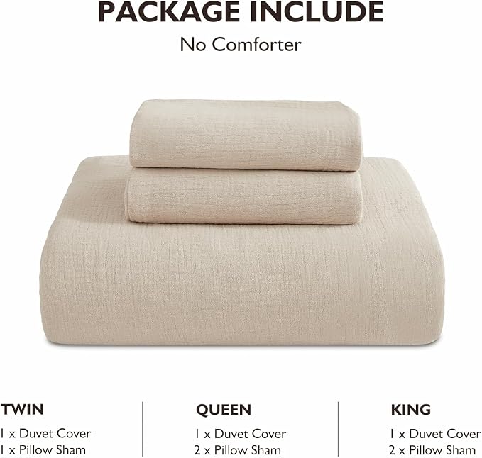 EMME Muslin Cotton Duvet Cover Set King Size Linen Like Soft Breathable Lightweight Summer Comforter Cover Set with Zipper Closure (King, 104"x90")