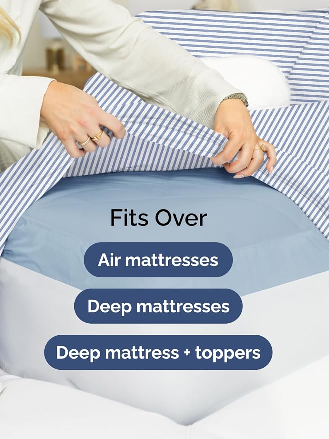 Extra Deep Cal King Sheet Set - 4 Piece Breathable & Cooling - Blue Stripes | Easily Fits 18 to 24 inch Mattress, Ultra Soft, Wrinkle & Fade Free with Extra Deep Pockets, Comfy Hotel Luxury Bedding