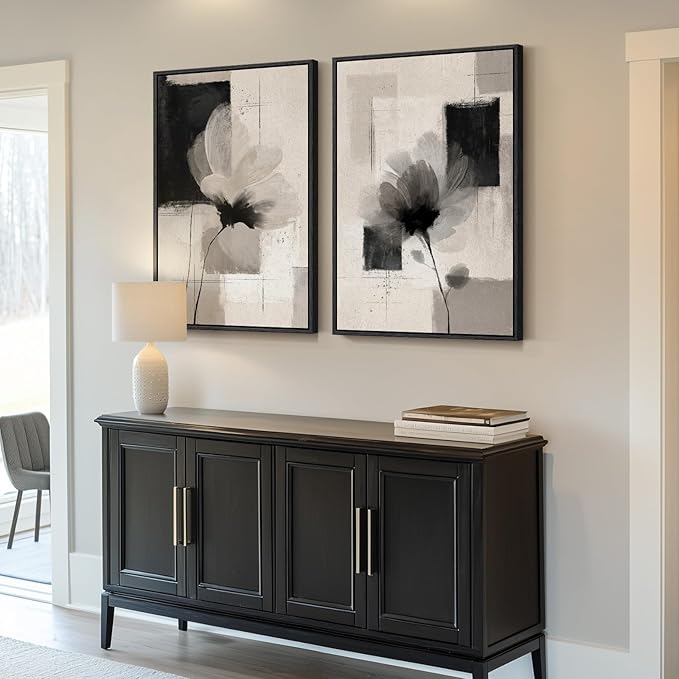 Large Framed Neutral Abstract Floral Wall Art for Living Room, 24x36 In | 2 Piece, Canvas prints, Black and beige pictures, Flower paintings, Modern minimalist artwork, Dining room bedroom wall decor