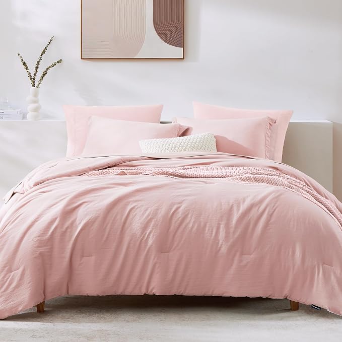 Queen Comforter Set-7 Pieces Soft Prewashed Bed in a Bag Queen Bedding Sets | All Season Comforter with Sheets, Pillow Shams & Pillowcases, Soft Pink
