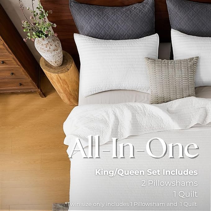 DOWN HOME King Quilt Bedding Set with Shams, Vintage Washed Soft Quilted Blanket Thin Comforter Lightweight Bedspread Coverlet Bed Cover, Brushed Microfiber Stripe Stitching, Snow White, 104"x90"