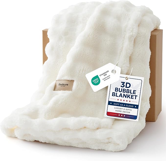 Bedsure 3D Fleece Bubble Blanket for Couch - GentleSoft White Throw Blanket for Sofa Bed Room Decor - Luxury Soft Cozy Gifts for Women, Lightweight, All Seasons, Off White, 50"×70"