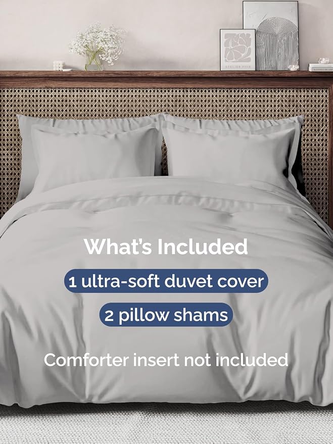 Duvet Cover Queen Size - 3 Piece with Zipper Closure - French Grey | Extra Soft, Breathable, Queen Duvet Cover 90" x 90" with 2 Pillow Shams, Zipper Closures & Ties, Women, Men, Kids & Teens