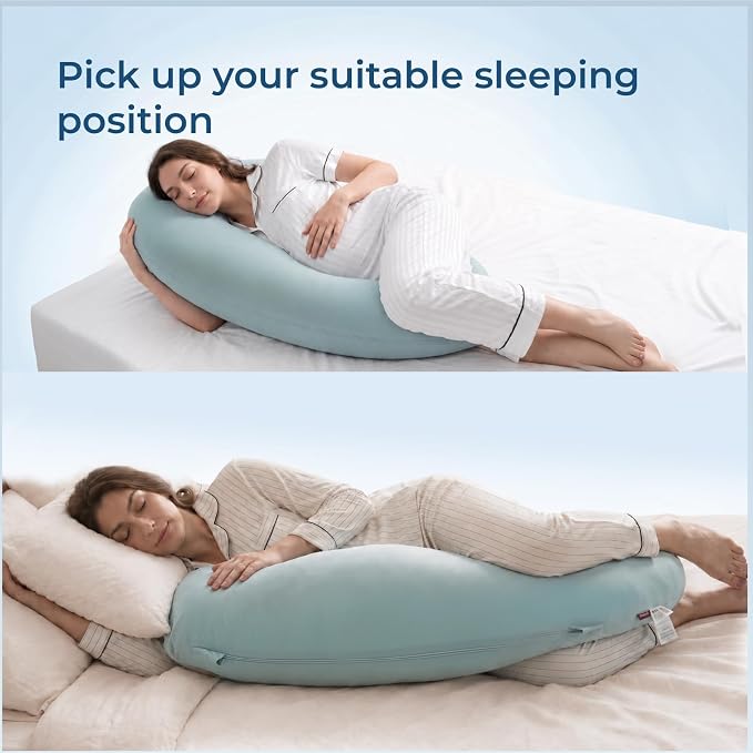 Momcozy J Shaped Pregnancy Pillow, Maternity Body Pillow for Side Sleepers | Cooling Body Pillow with Removable Cover for Head Neck Belly Support, Side Sleeper, Must-haves for Pregnant Women Blue