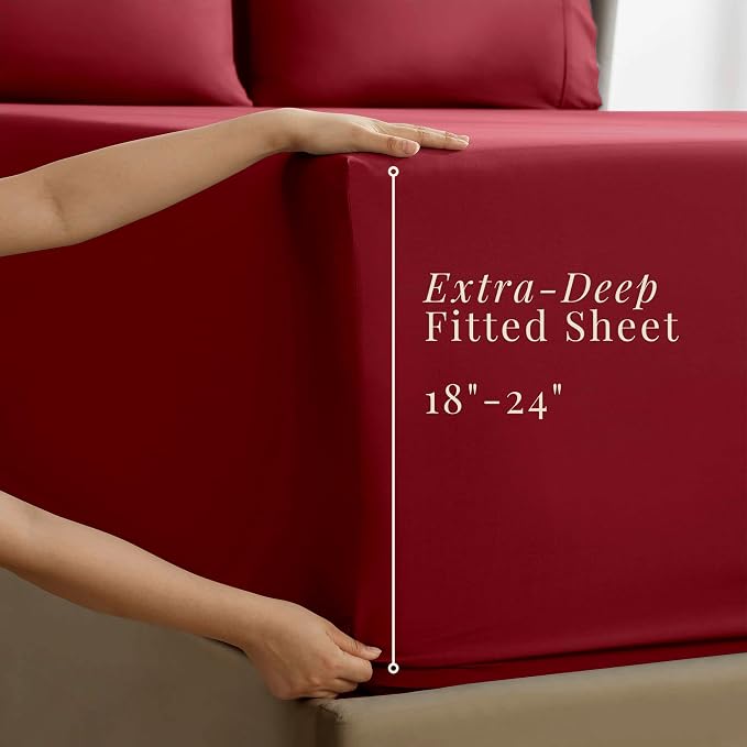 Hearth & Harbor Extra Deep Pocket Sheets - Fits Mattress 18-24 Inches Deep - Extra Deep Pocket Split King Size Sets - 7 Piece Split King Size - Burgundy