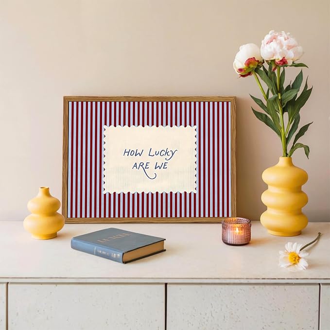 Framed How Lucky Are We Wall Art, Trendy Positive Affirmation Quotes Canvas Wall Decor Paintings, Red Striped Pictures Prints Preppy Home Decor for Living Room Bedroom Dorm 12x16 inch