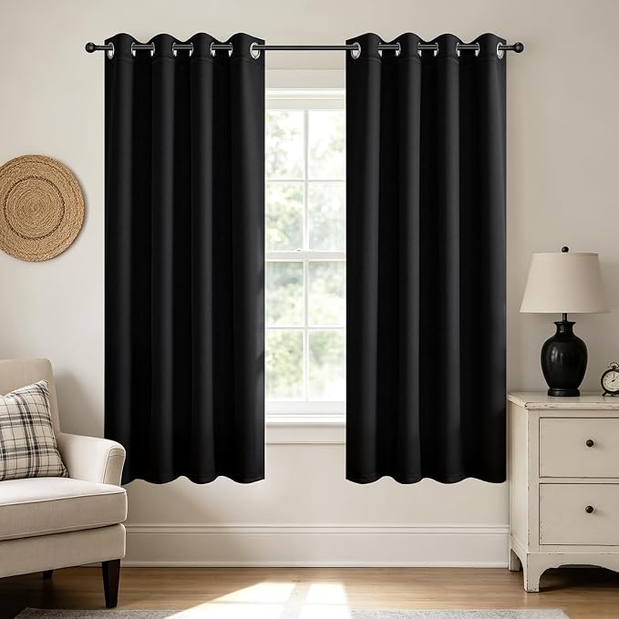 Joydeco Blackout Curtains 72 Inch Length 2 Panels Set, Thermal Insulated Long Curtains& Drapes 2 Burg, Room Darkening Grommet Drapes for Bedroom Living Room Window (Black, W52 x L72 Inch)