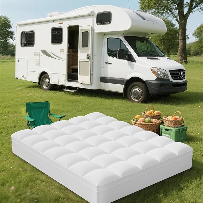 ELEMUSE RV Short King Mattress Topper, Thick Pillow Top Mattress Pad | Plush comfort with overfilled fill. Deep pocket fits RV short king beds, an RV essential for campers, motorhomes and trailers