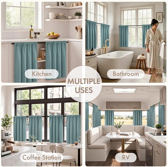 MIULEE 4-Panel 36 Inch Blackout Kitchen Tier Curtains Over Sink Dusty Blue | Privacy Protection, Heat/Light Blocking, Cafe Curtains, Top&Bottom Rod Pocket, Suitable for Small Windows, Soft&Durable