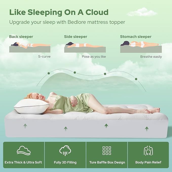 BEDLORE Twin XL Mattress Topper Viscose Bamboo, Pillow Top Mattress Pad | Deep Pockets Fit 6”-15” Mattress, Soft Breathable Thick Dorm-Size Mattress Topper for Students and Hot Sleepers(White)