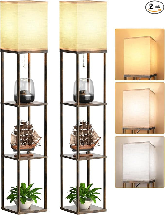 Floor Lamp with Shelves for Living Room 2 Pack, Shelf Floor Lamp with 3 CCT LED Bulb, Corner Display Standing Column Lamp Etagere Organizer Tower Nightstand for Bedroom, Rustic Brown