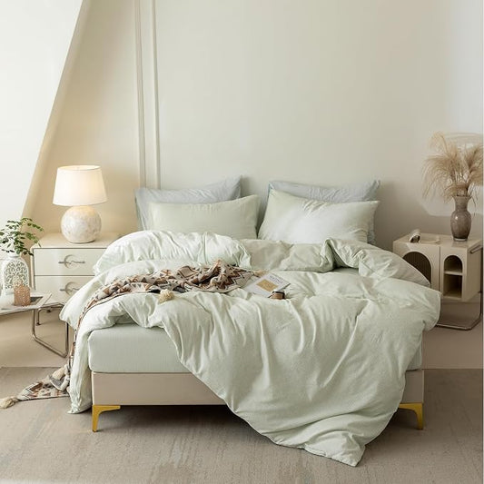 BDEAR 3Pcs Light Green Pinstriped Duvet Cover Set Queen Size 90''Wx90''L | Light Weight Design, 1 Duvet Cover with 2 Pillowcases, Zipper Closure, OEKO TEX Standard,8 Corner Ties, Skin Friendly
