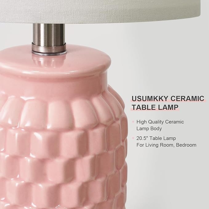USumkky 20.5" Pink Table Lamps Set of 2,Modern Farmhouse Bedside Lamps - Ceramic Nightstand Lamps for Bedroom,Boho Living Room End Tables,Small Office Desk Lamp