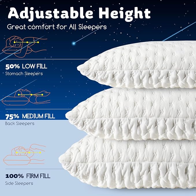 Cooling Side Sleeper Pillow for Neck and Shoulder Pain, Luxury Shredded Memory Foam Pillows for Sleeping, Firm Bed Pillows Queen Size Set of 2- Adjustable Queen Size- Washable Cover Original White