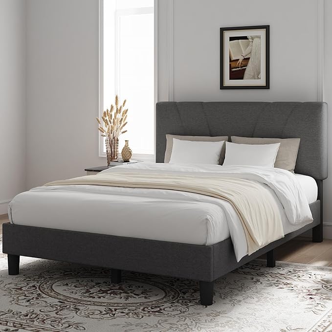 Novilla Queen Size Bed Frame Upholstered Queen Bed Frame with 3-Height Adjustable Headboard, Strong Weight Capacity, No Box Spring Needed, Easy Assembly, Grey