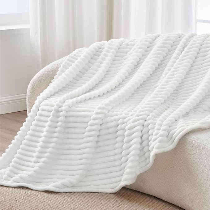 BEDELITE Striped Fleece Throw Blanket, Bright White, 50"x60" | 300GSM Microfiber Fleece, Soft Cozy, Lightweight Warm, Double-Sided Plush, Machine Washable, Gift, Room Decor, for Couch Sofa