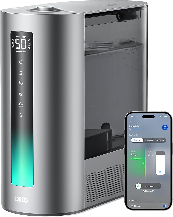 DREO 6L Smart Humidifiers for Bedroom, Warm & Cool Mist for Large Room | 60-Hour Quiet Runtime, 500ML/H Output, Smart Humidity Sensor, Indicator Light, App Control, Works with Alexa & Google, Silver