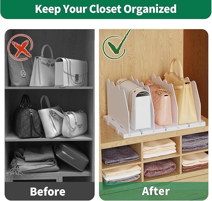 SPACEKEEPER Shelf Divider for Closet,2 Pcs Adjustable Purse Organizer,White | Closet Acrylic Handbag Separators Storage Organizer Bookshelf Separator Dividers in Bedroom,Bathroom,Kitchen,Office