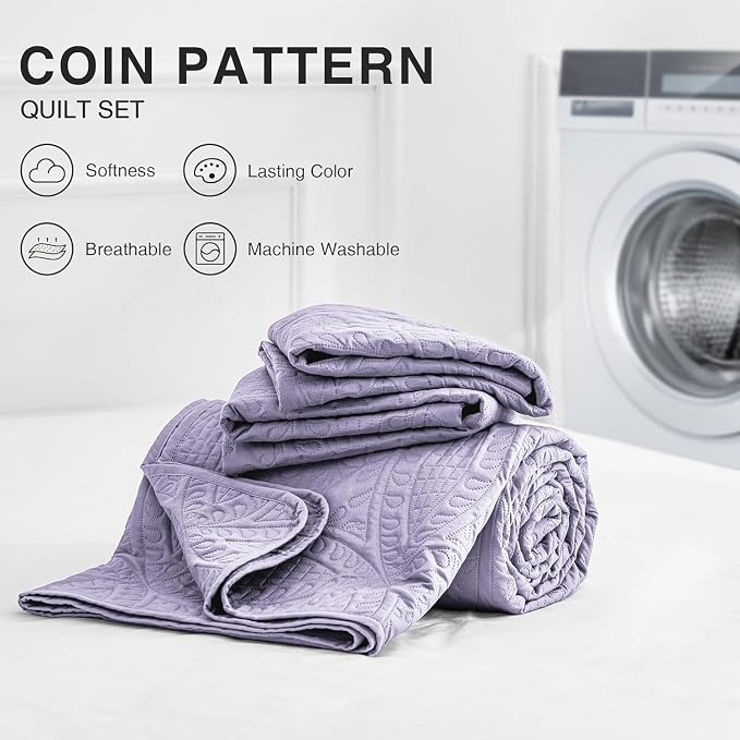 Love's cabin Quilts for Full Bed Lavender Bedspreads Bedding Set - Lightweight Bedspread Comforter - Coin Pattern Bedding Coverlet for All Season - 3 Pieces (1 Quilt, 2 Pillow Shams)